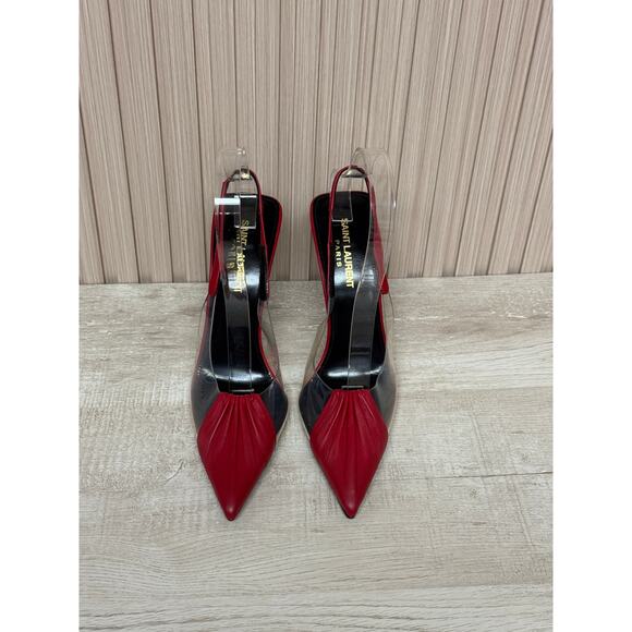 Saint Laurent Calfskin PVC Chica 115 Slingback Pumps Sz 37.5 in Red Leather - Picture 4 of 13